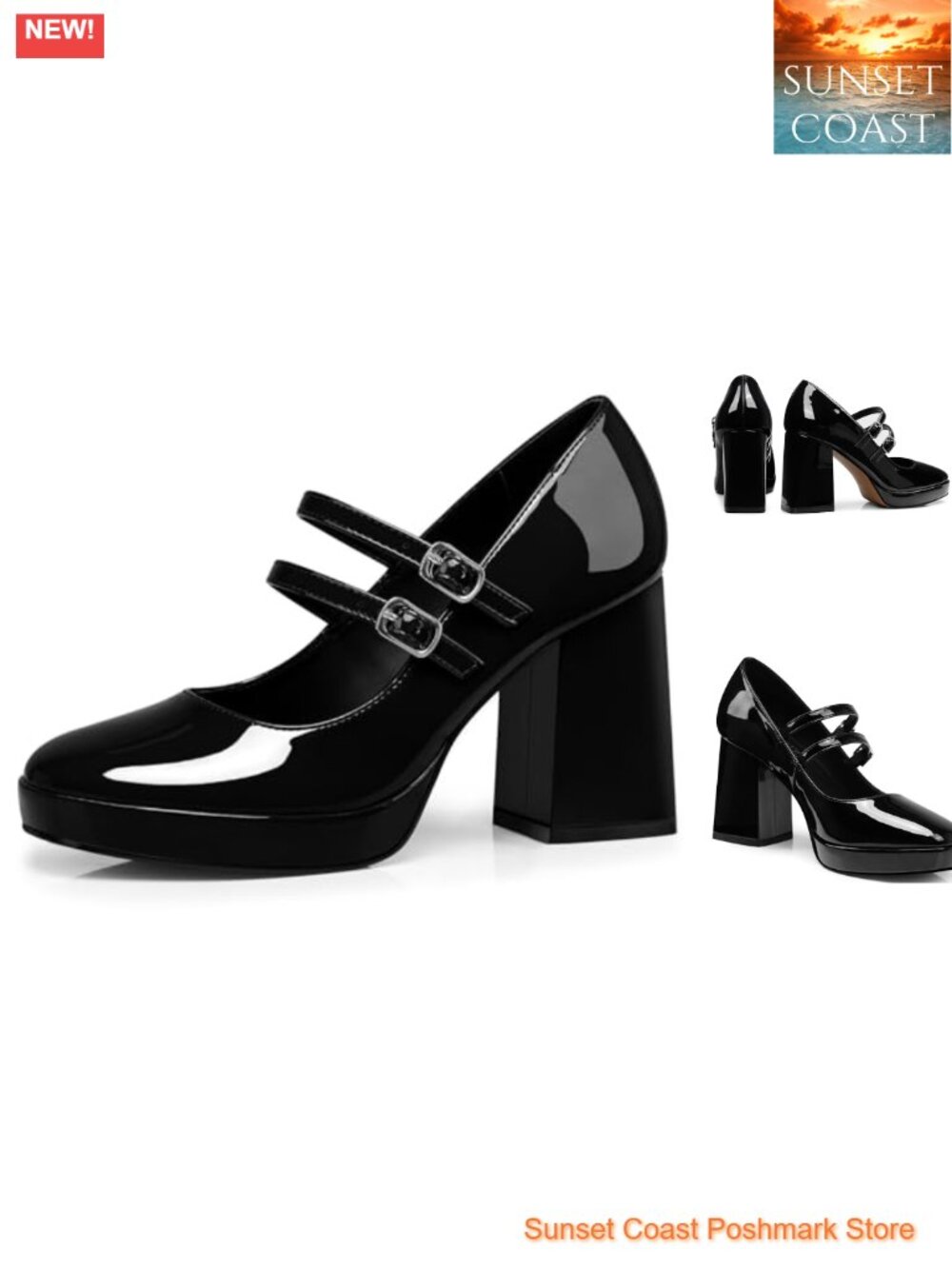 Mary Jane Chunky Heel Pumps Faux Leather Buckle Dress Shoes